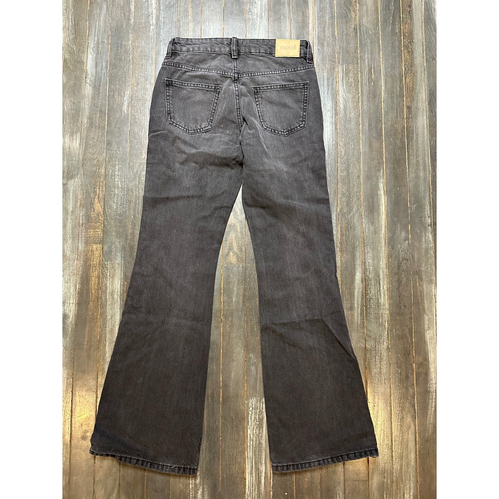 Motel Rocks Rigid Low Rise Flare Jeans Washed Black Grey - Picture 2 of 4
